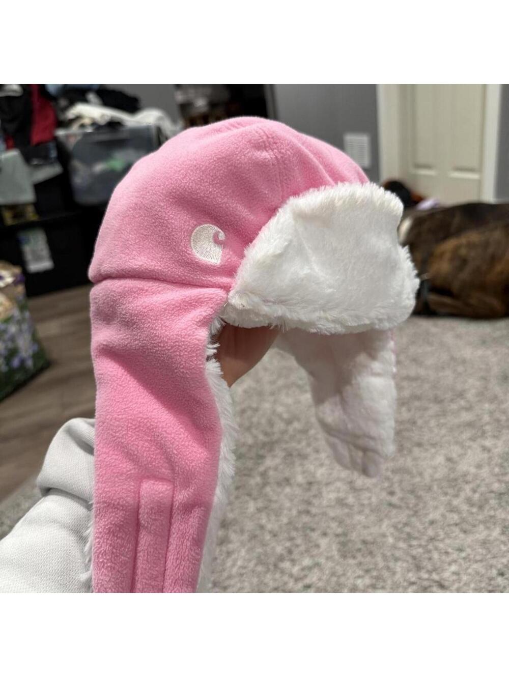 Carhartt Pink Fleece Trapper Hat with White Faux Fur Lining